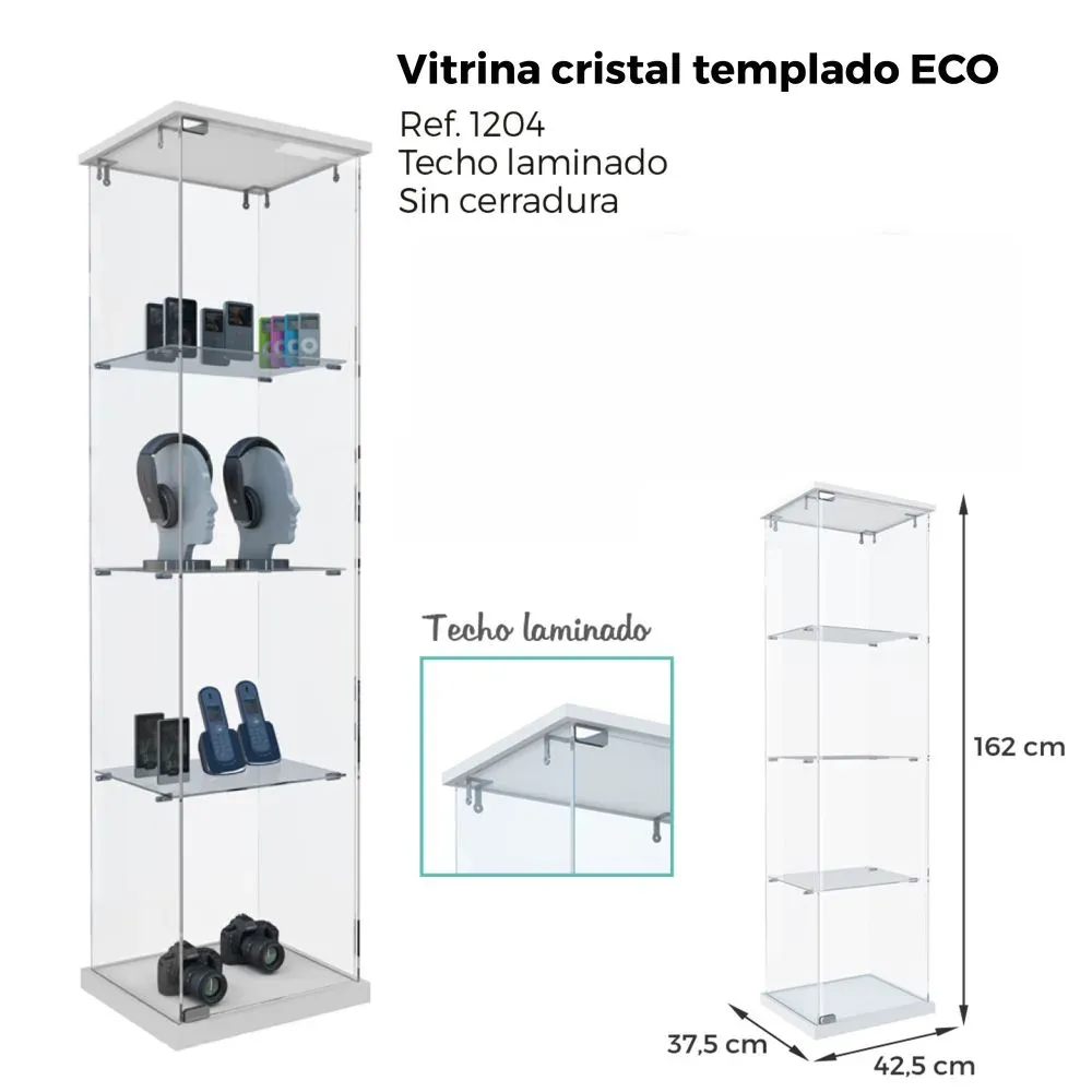 Vitrina eco cristal templado, techo y base color blanco