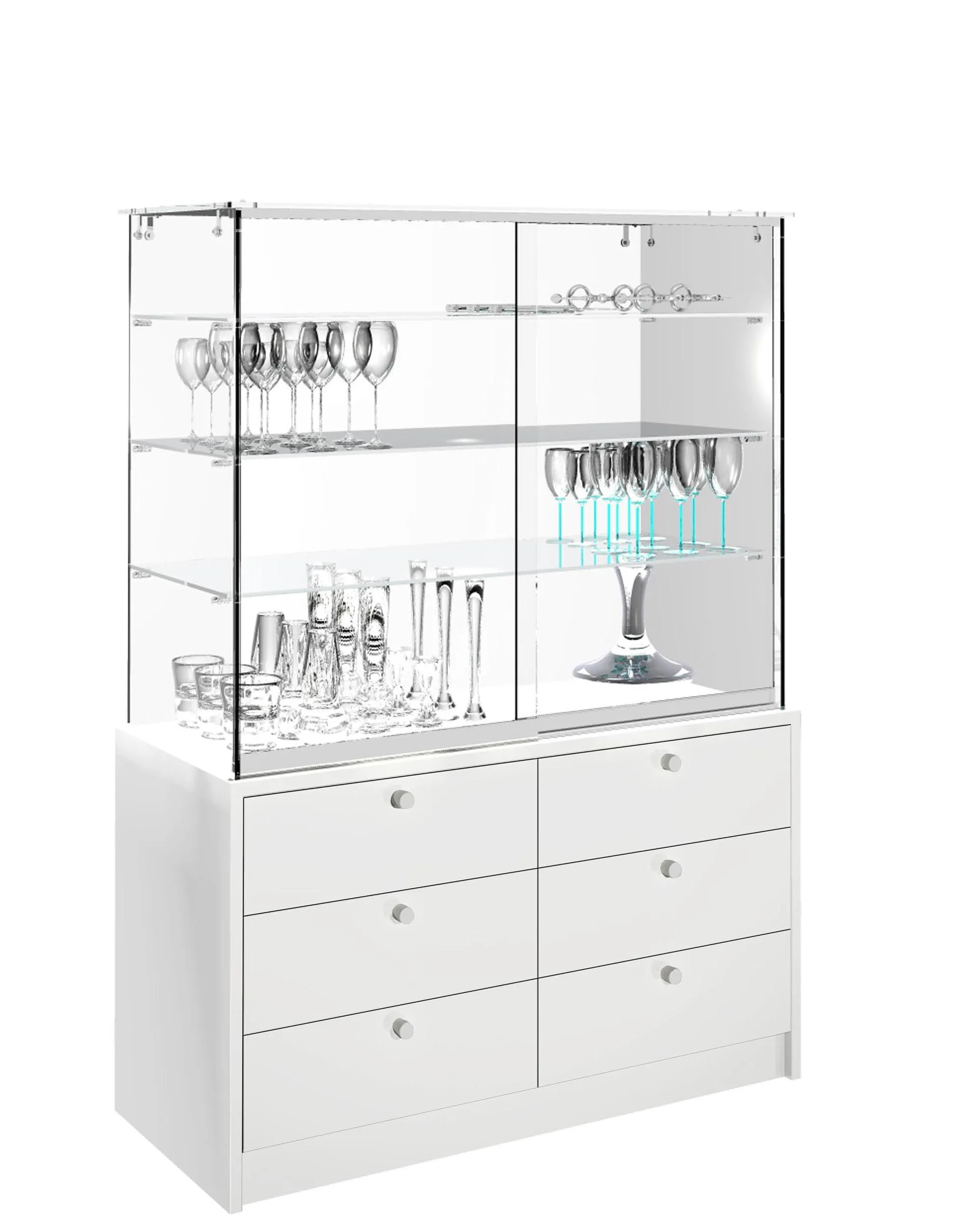 Vitrina cristal templado 3 estantes y buch de 6 cajones, altura 145cm