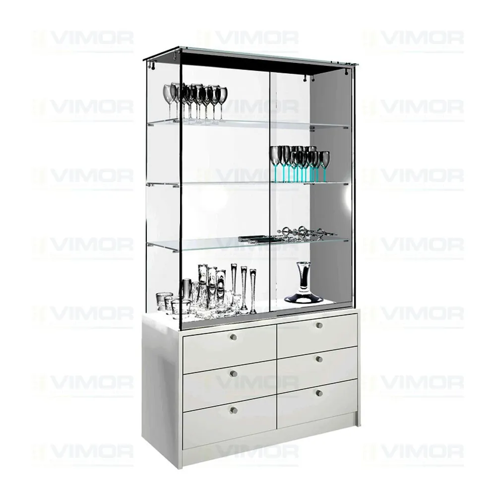 Vitrina cristal templado 3 estantes y buch de 6 cajones, altura 190cm