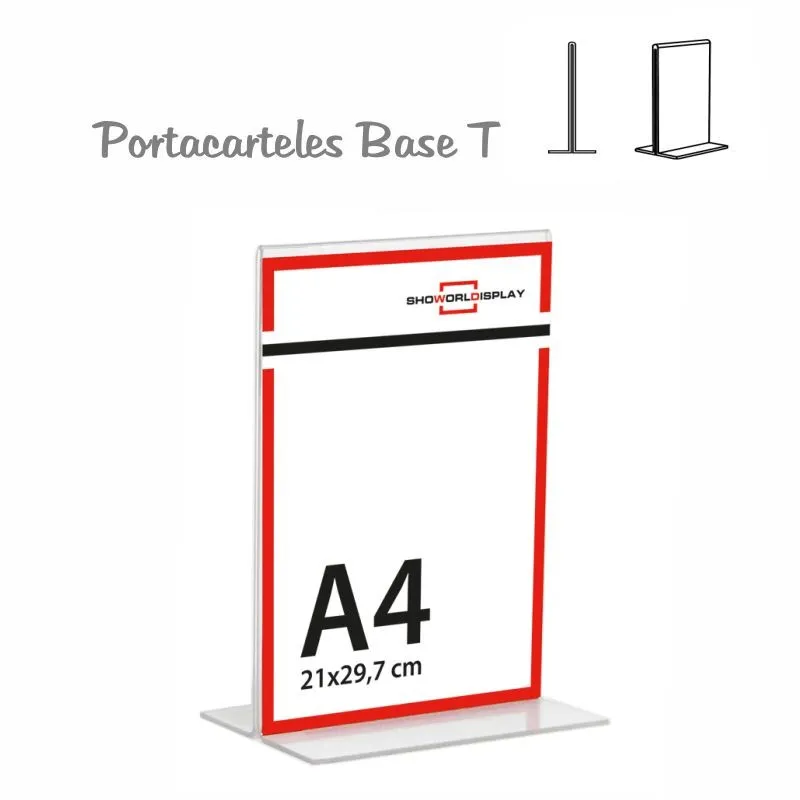 Portacarteles metacrilato vertical base T A4 (En caja de 12uds)