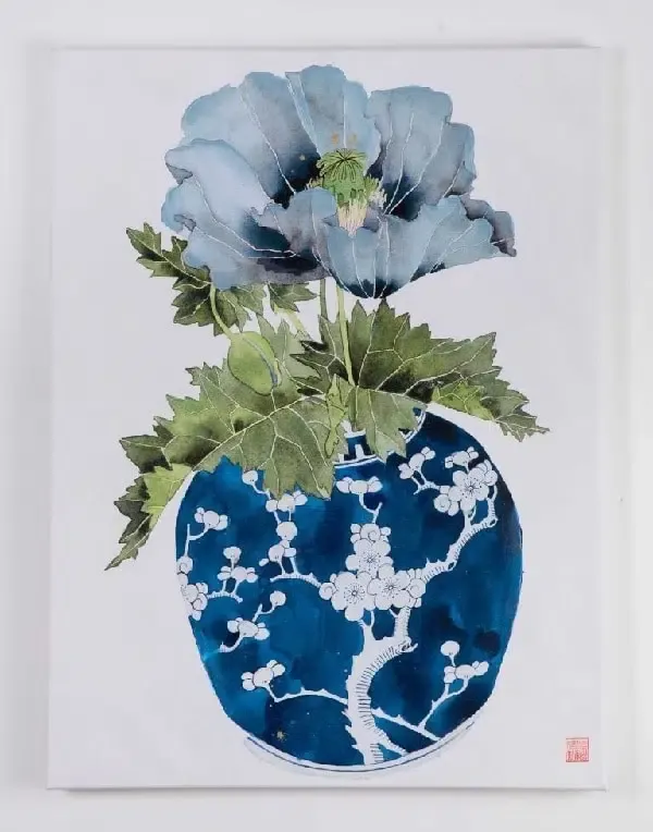 Óleo jarrón flores azules (75x4x100cm)