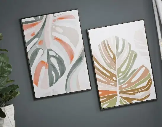 Set 2 cuadros hojas palmeras, naranjas-verdes(2M 72×102)