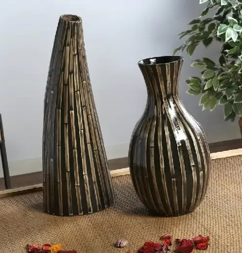 Jarrón bambú listado negro-beige(20dx38cm) - Imagen 3