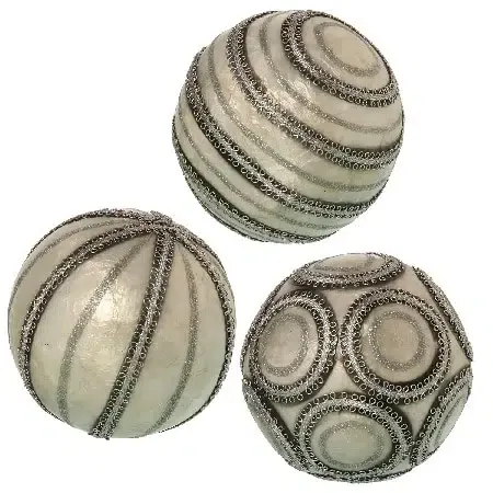 Set 3 bolas decoración nácar blanco cordón plata vieja (10d cm)