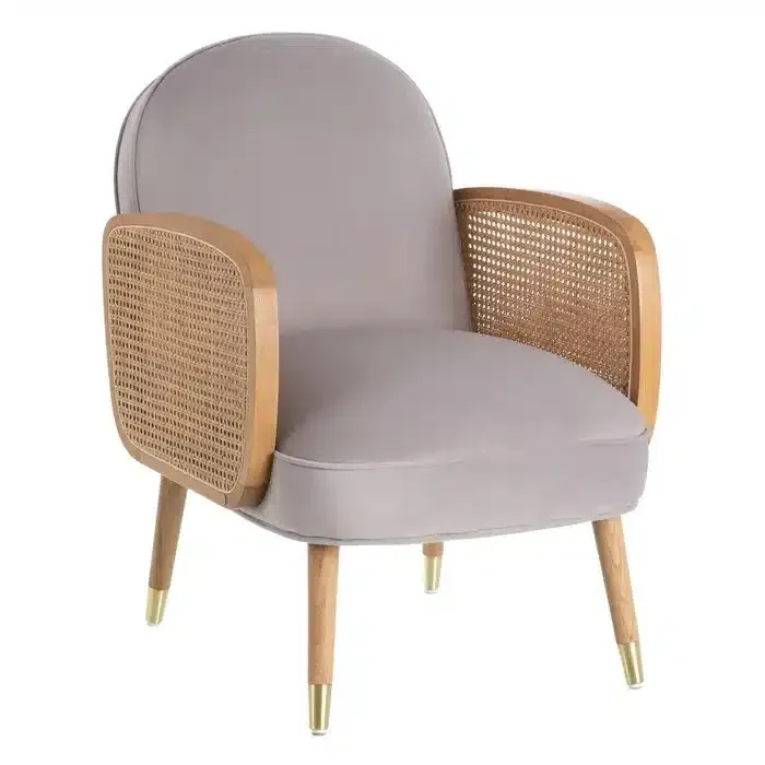 Sillón Tapizado en Terciopelo Gris y Ratán Trenzado, Nórdico (60x63x83 cm)
