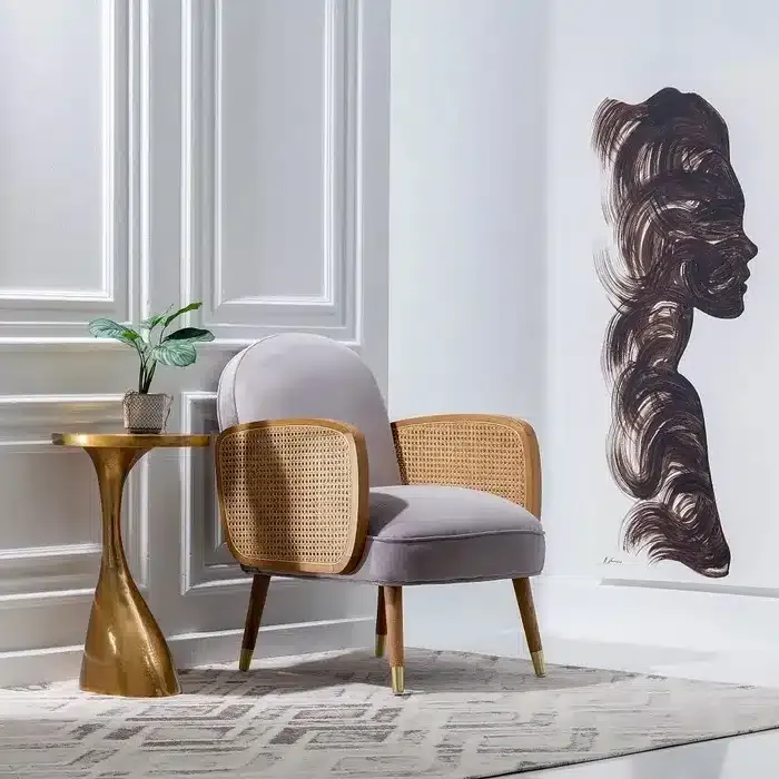 Sillón Tapizado en Terciopelo Gris y Ratán Trenzado, Nórdico (60x63x83 cm) - Imagen 2