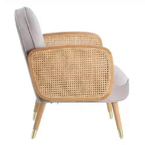 Sillón Tapizado en Terciopelo Gris y Ratán Trenzado, Nórdico (60x63x83 cm) - Imagen 3