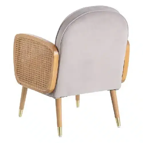 Sillón Tapizado en Terciopelo Gris y Ratán Trenzado, Nórdico (60x63x83 cm) - Imagen 4