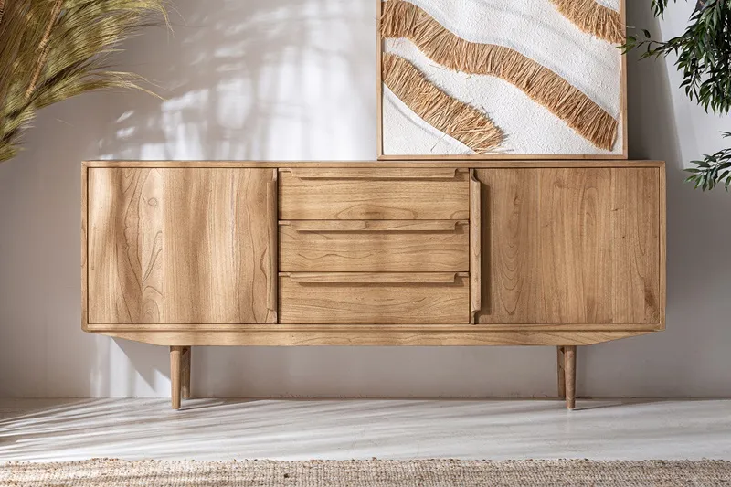 Aparador Dos Puertas y Tres Cajones Mindi Natural Luka, Nórdico (180x45x78cm) - Imagen 2