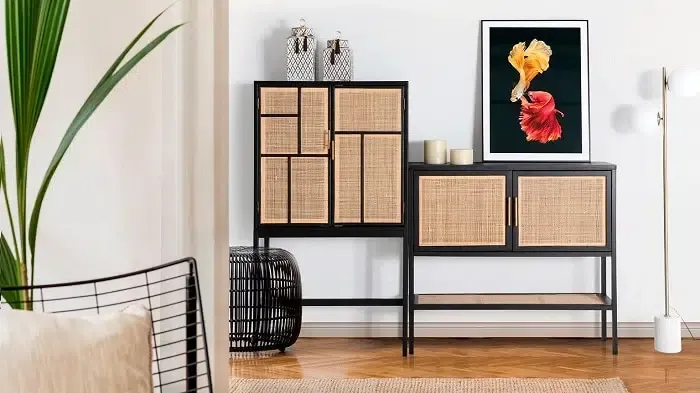 Armario Pino Ratán Flam Black (80x38x144 cm) - Imagen 2