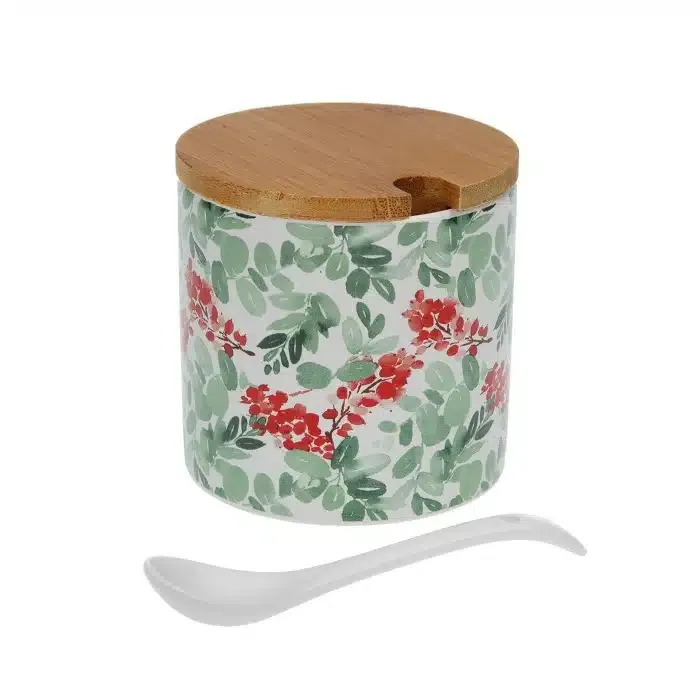 Azucarero Cerámica Blanco Floral Verde y Rojo, Vintage(8x8x8 cm)