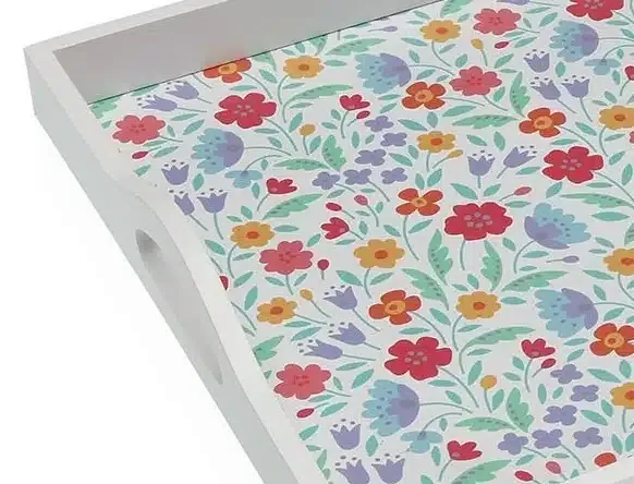 Bandeja Madera Blanca Flores Rojas, Amarillas y Azules, Vintage (45x30x5 cm) - Imagen 2