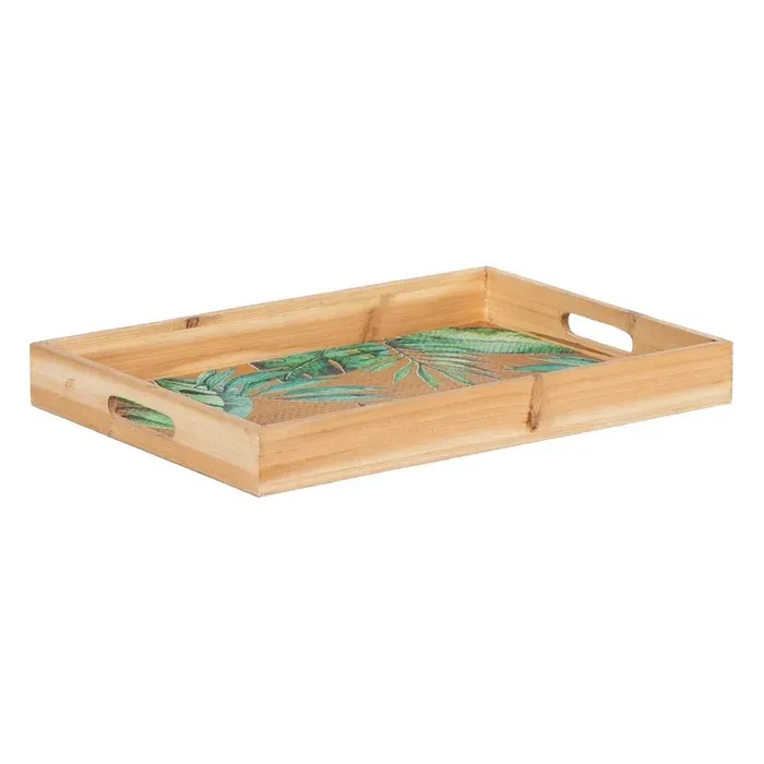 Bandeja Rectangular Madera y Ratán Hojas Verdes (42x28x4,5cm)