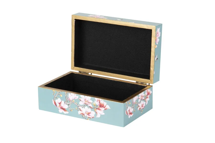 Caja Lacada Azul Turquesa con Flores Rosas (25x15x11cm) - Imagen 4