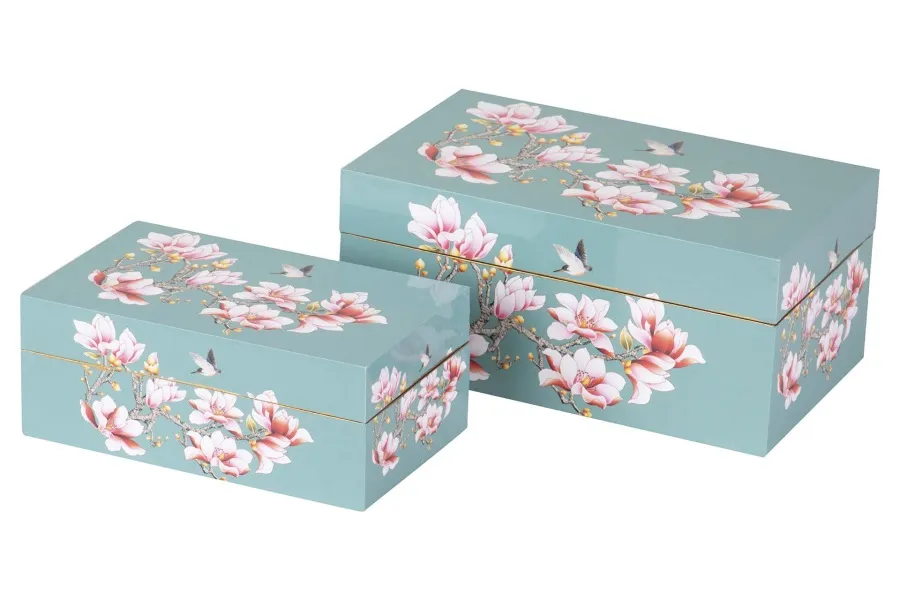 Caja Lacada Azul Turquesa con Flores Rosas (25x15x11cm) - Imagen 3