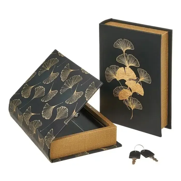 Caja Libro Cierre «Ginko»Negro y Dorado (16x5x24 cm)