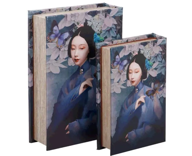 Caja Libro Espejo Geisha Flores Azules y Blancas (21x7x30 cm) - Imagen 3