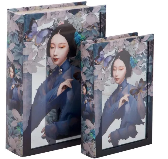 Caja Libro Espejo Geisha Flores Azules y Blancas (21x7x30 cm)