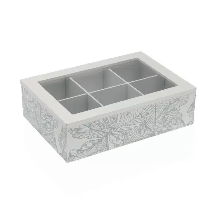 Caja Té Blanca Hojas Grises, Vintage (24x17x7cm)