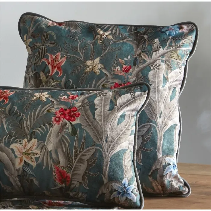 Set 2 Cojines Terciopelo Tropical Verde-Rojo, Ava(45x30cm)