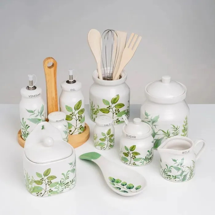 Set Azucarero y Lechera Cerámica Blanca Ramas Verdes, Vintage(12x9x15 cm) - Imagen 2