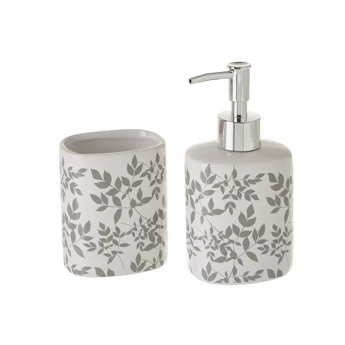 Set Baño Cerámica Blanca Ramas Grises (8dx6x16 cm)