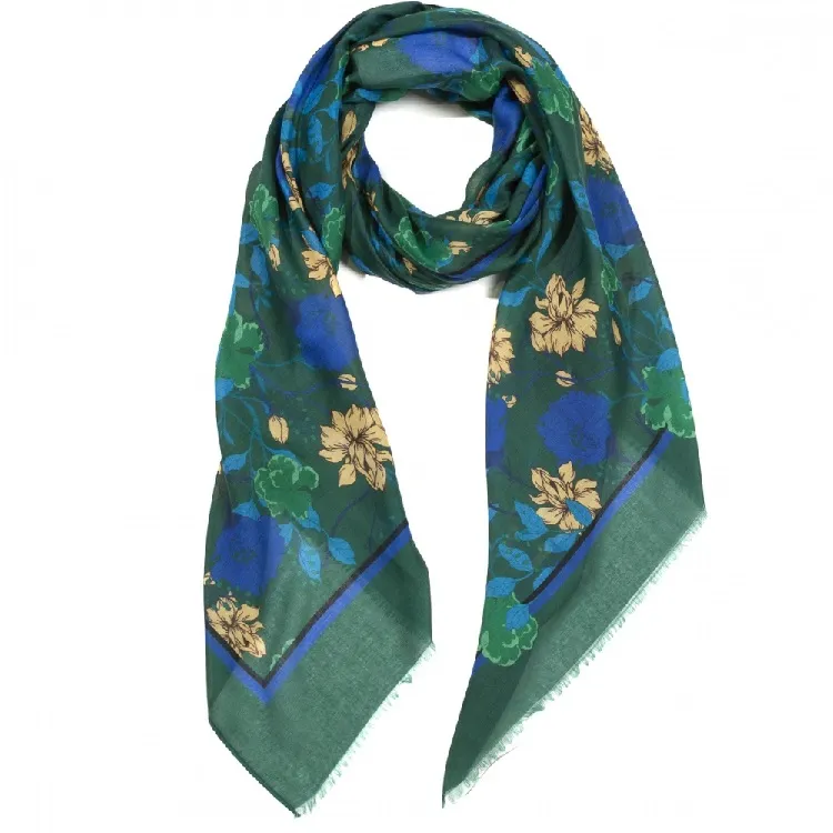 Foulard Estampado Flores Azul y Verde (80x180cm)