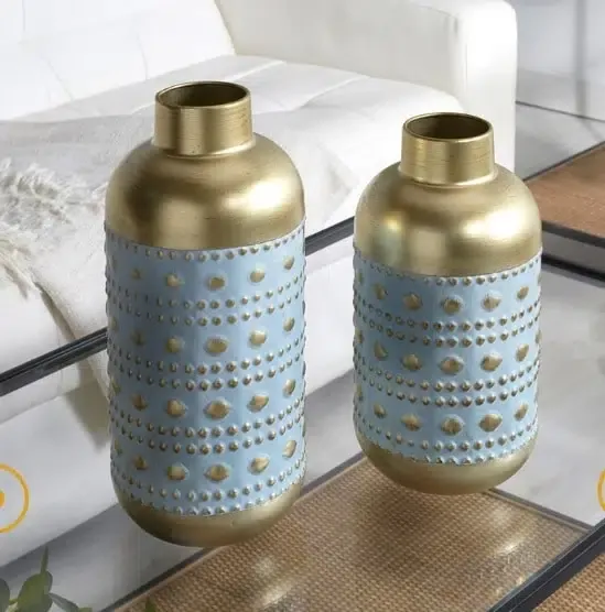 Jarrón Metal Grabado Azul y Dorado Mikonos (16dx36cm) - Imagen 2