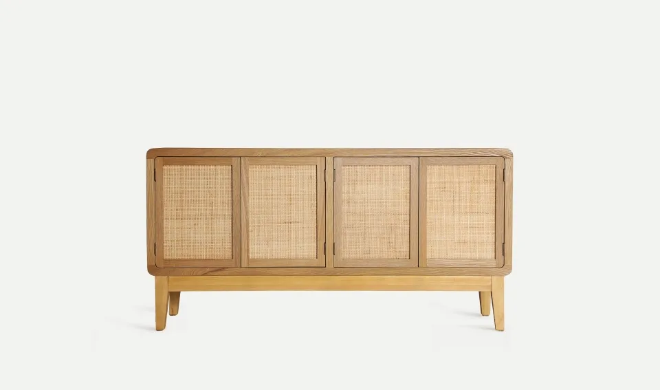 Mueble TV en Madera Abeto y Ratán Malena, Nórdico (160x40x63cm)