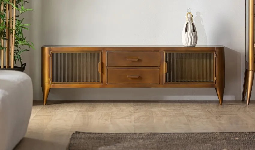 Mueble Tv Puertas Cristal Metal Dorado Berlín, Art Decó (160x40x51 cm ) - Imagen 2