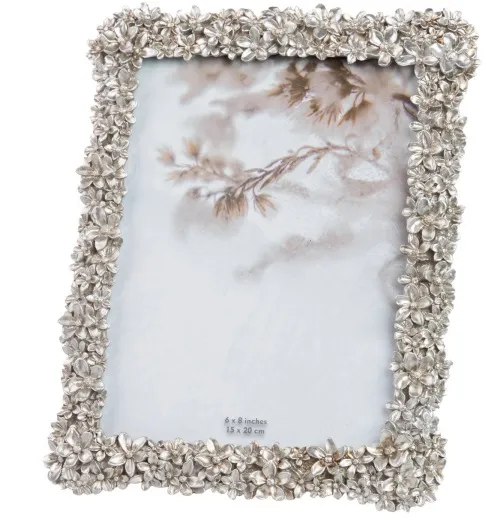 Portafotos Resina Plata Marco Relieve Flores (15×20 cm)