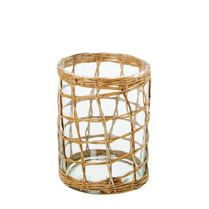 Portavelas Fibra Natural Trenzada-Cristal Natural Rústico (11dx15 cm)