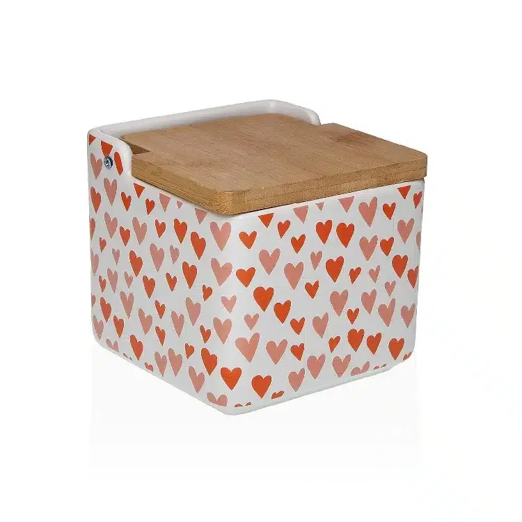 Salero Cerámica Blanca Corazones Rojos, Vintage (12x12x11,5cm)