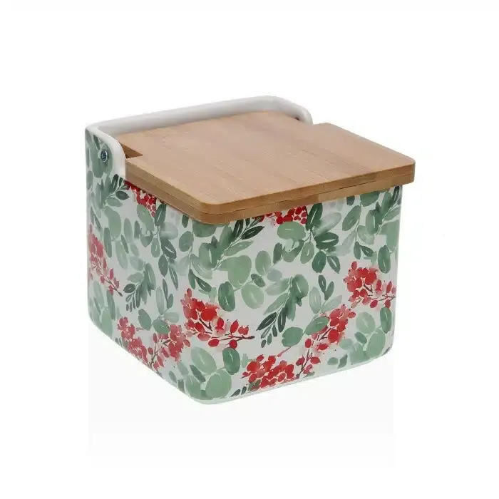 Azucarero Cerámica Blanco Floral Verde y Rojo, Vintage(8x8x8 cm) - Imagen 2