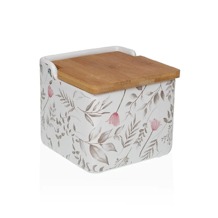 Salero Cerámica Blanca Flores Rosas Evian, Vintage (12x12x11,5cm)