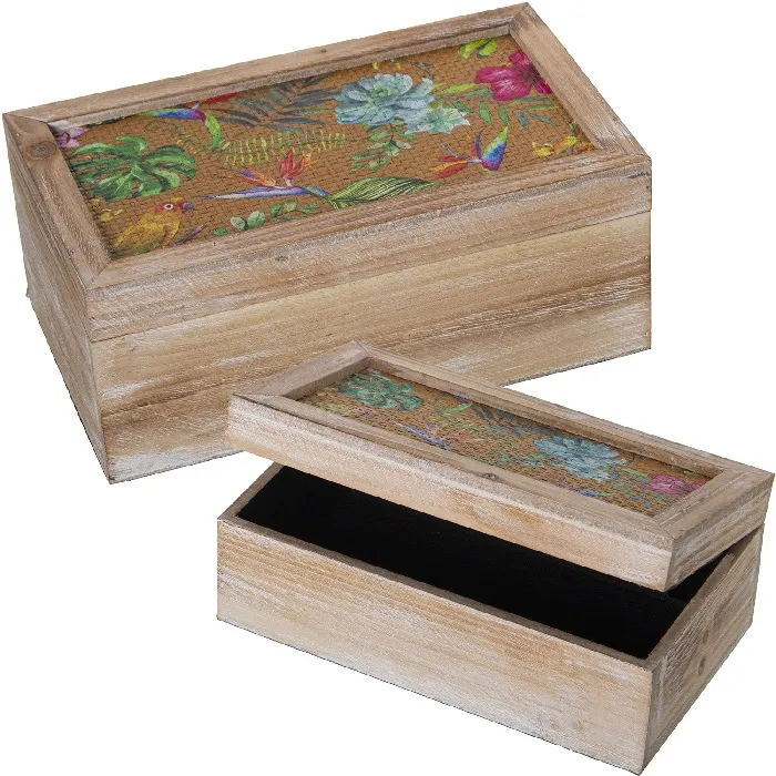 Set 2 Cajas Madera Ratán Dibujo Aves Multicolor (30x18x12cm)