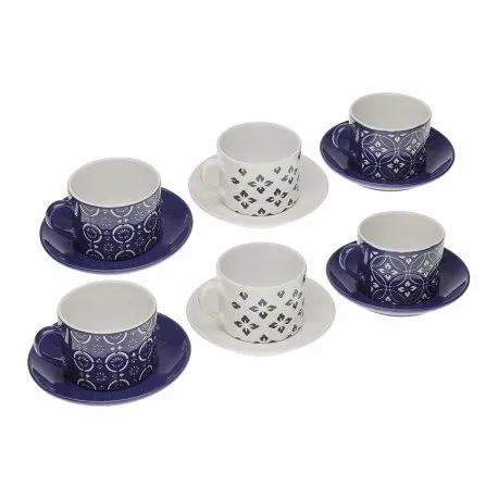 Set 6 Tazas Té Cerámica Mandalas Blancas y Azules