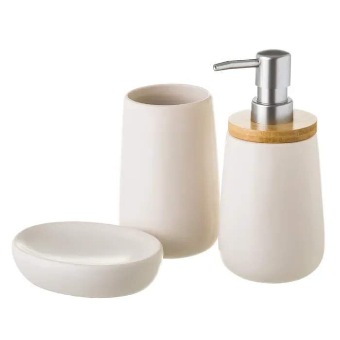 Set Dosificador Baño Cerámica Blanca y Bambú Nature (8dx18cm)