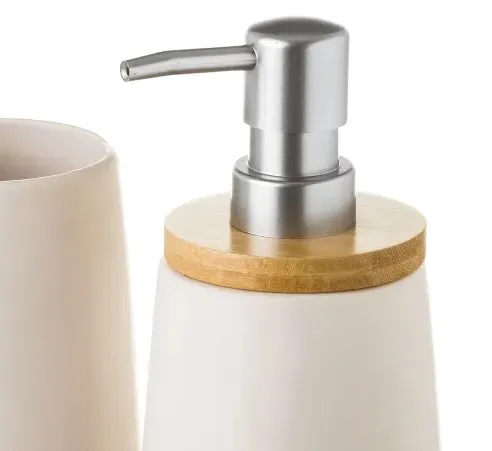 Set Dosificador Baño Cerámica Blanca y Bambú Nature (8dx18cm) - Imagen 2