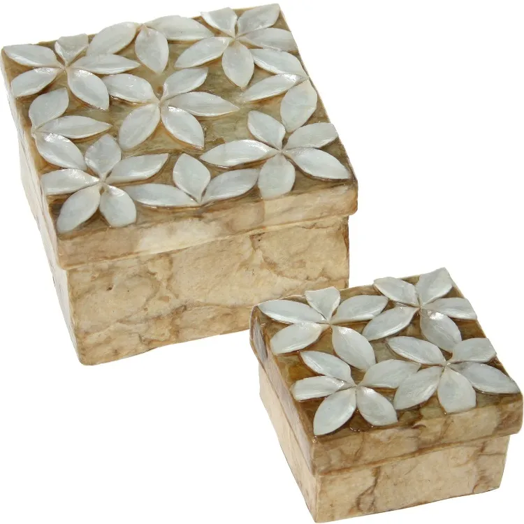 Set 2 Cajas Nácar Beige Flor Relieve Crema (13x13x8cm)
