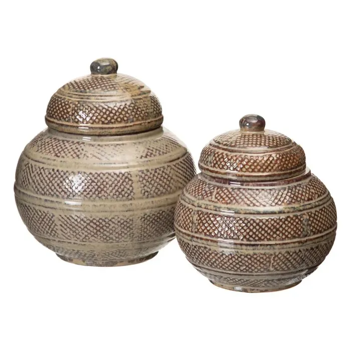 Tibor Cerámica Lacada Marrón Grabados (17dx17,5 cm) - Imagen 2