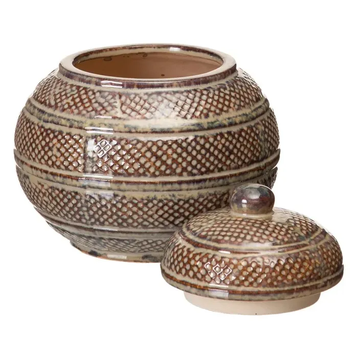 Tibor Cerámica Lacada Marrón Grabados (17dx17,5 cm) - Imagen 3